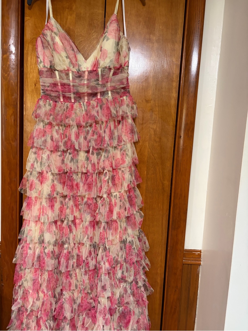 B Darlin Pink and Cream Tiered Ruffle Strapless Maxi Dress
